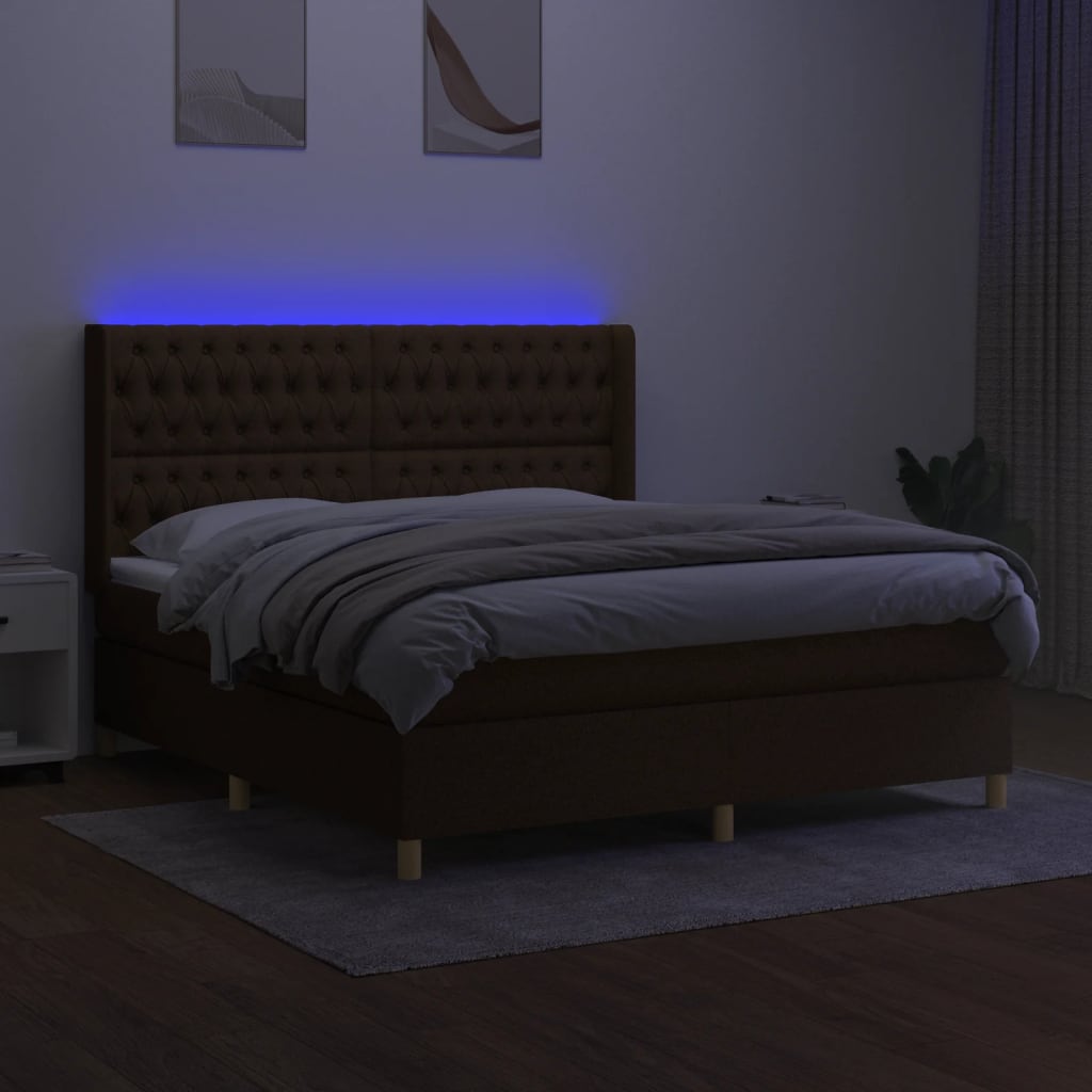 Cama box spring c/ colchão/LED 180x200cm tecido castanho-escuro