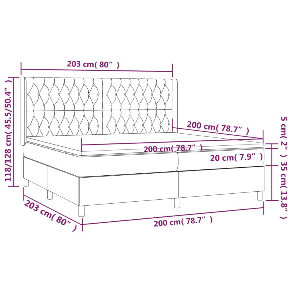 Cama box spring c/ colchão e LED 200x200 cm tecido cinza-claro