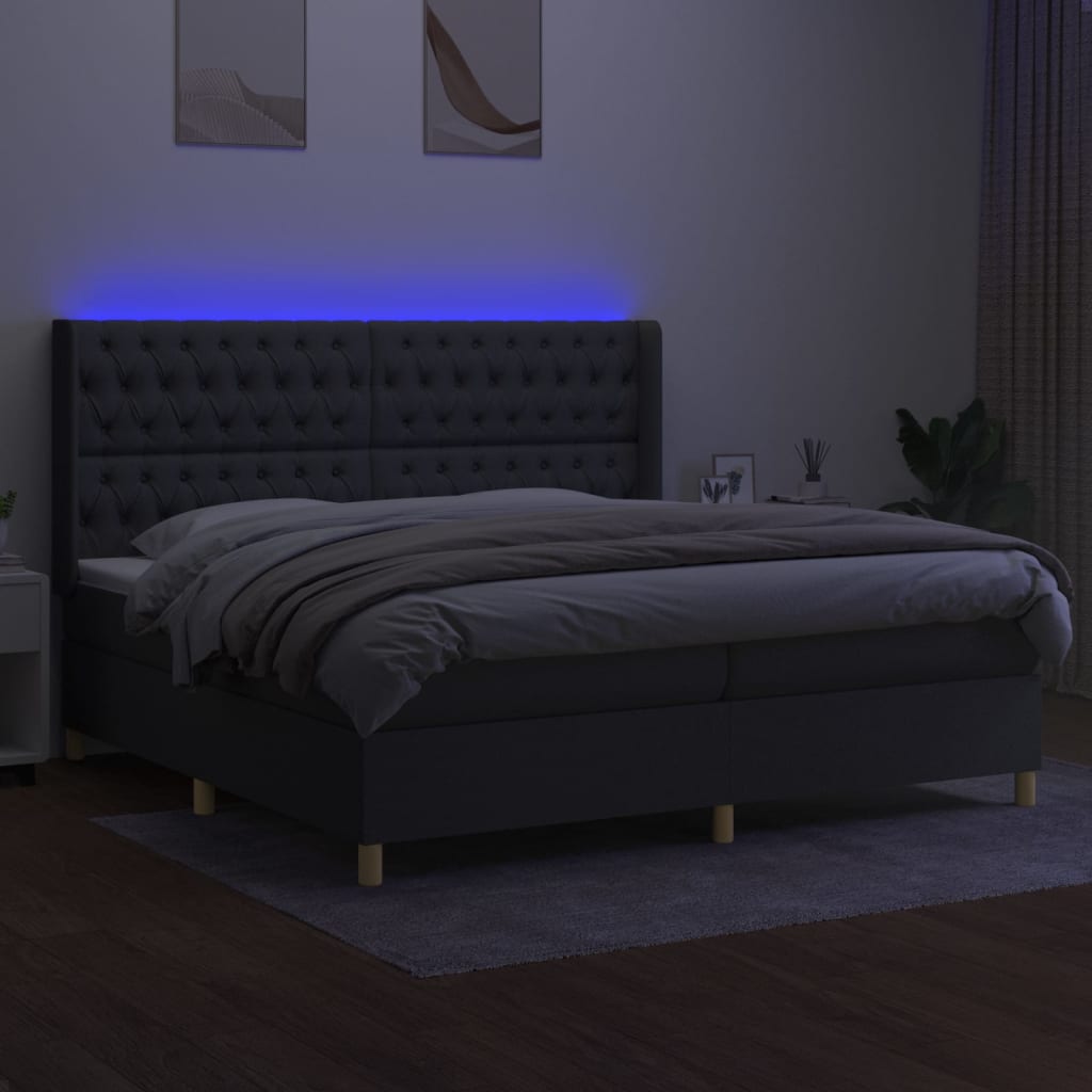 Cama box spring c/ colchão e LED 200x200 cm tecido cinza-escuro