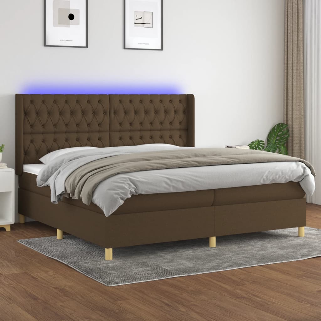 Cama box spring c/ colchão/LED 200x200cm tecido castanho-escuro