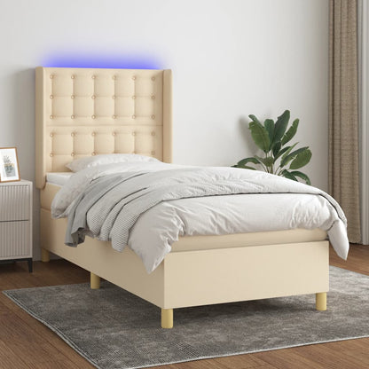 Cama box spring c/ colchão e LED 90x190 cm tecido cor creme