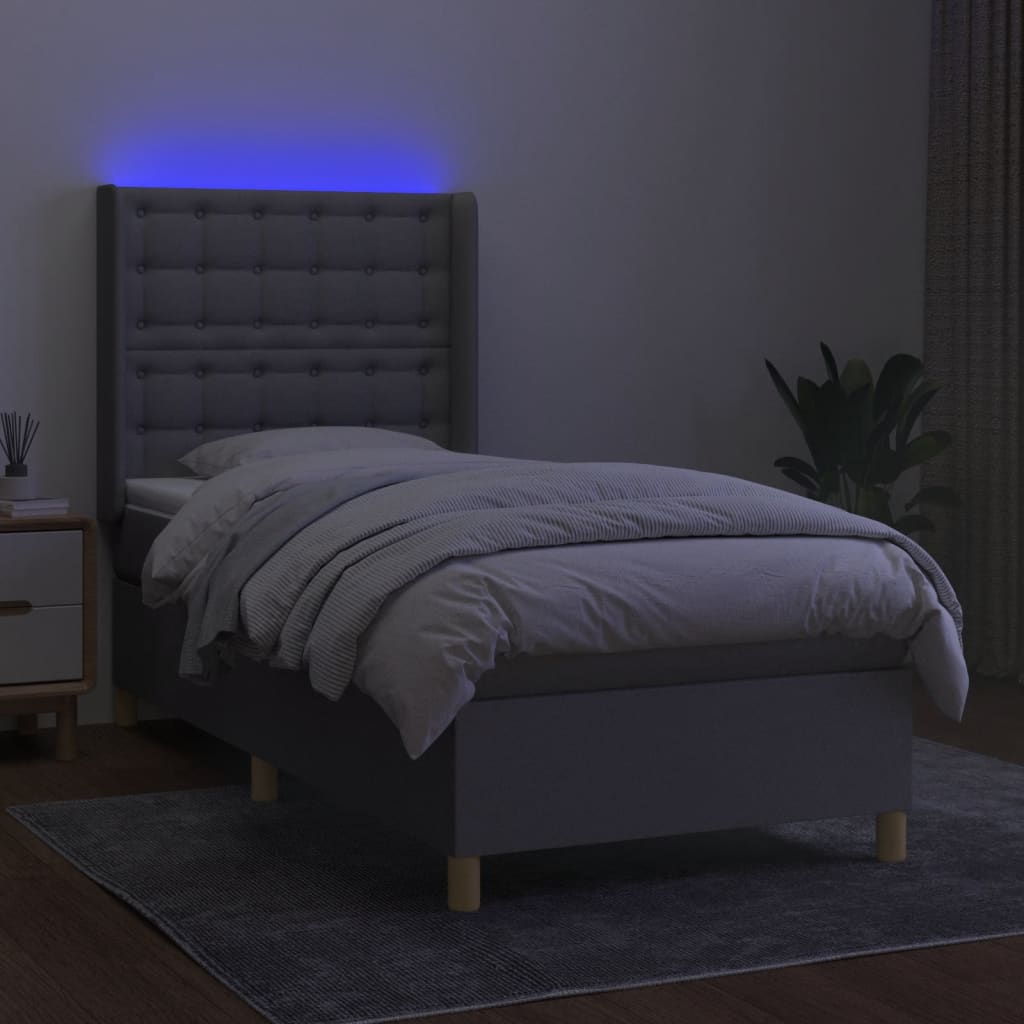 Cama box spring c/ colchão e LED 90x200 cm tecido cinza-claro