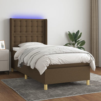 Cama box spring c/ colchão/LED 90x200 cm tecido castanho-escuro