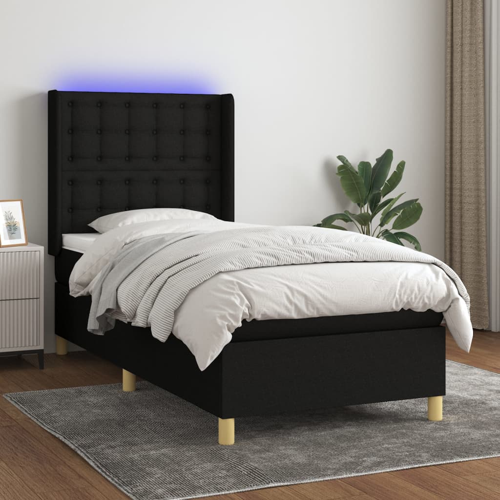 Cama box spring c/ colchão e LED 100x200 cm tecido preto