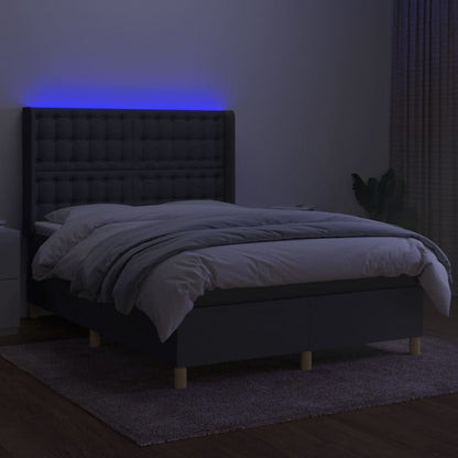 Cama box spring c/ colchão e LED 140x190 cm tecido cinza-escuro