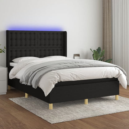 Cama box spring c/ colchão e LED 140x190 cm tecido preto