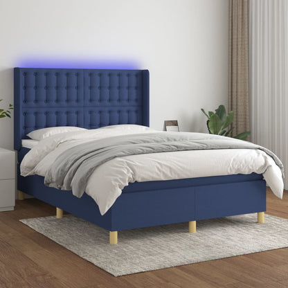 Cama box spring c/ colchão e LED 140x190 cm tecido azul