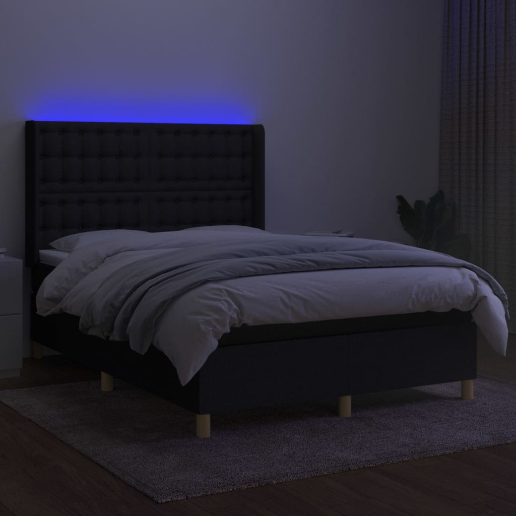 Cama box spring c/ colchão e LED 140x200 cm tecido preto