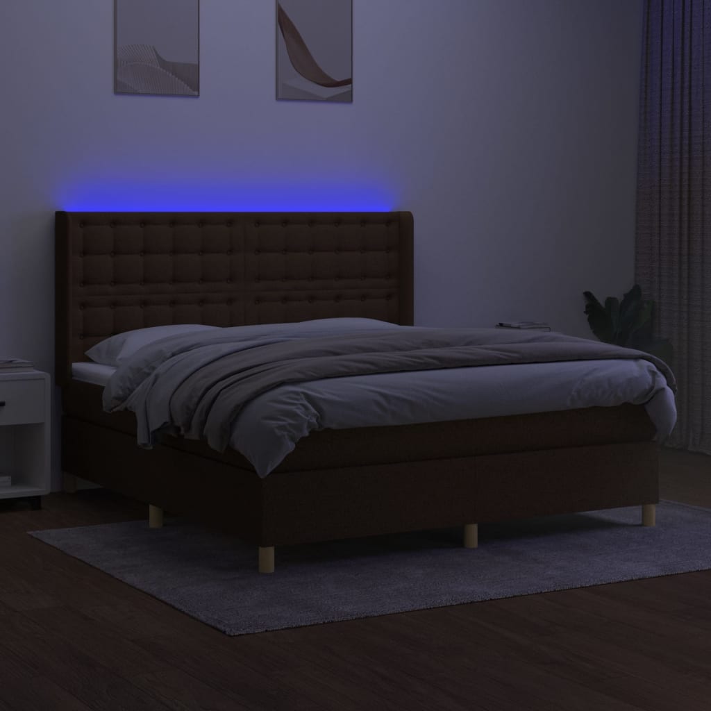 Cama box spring c/ colchão/LED 180x200cm tecido castanho-escuro