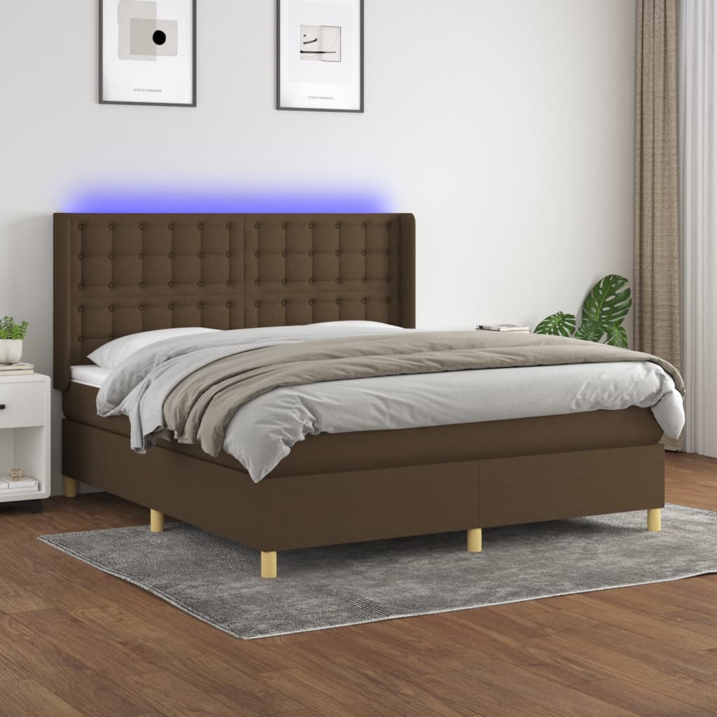 Cama box spring c/ colchão/LED 180x200cm tecido castanho-escuro