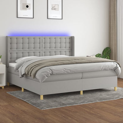 Cama box spring c/ colchão e LED 200x200 cm tecido cinza-claro