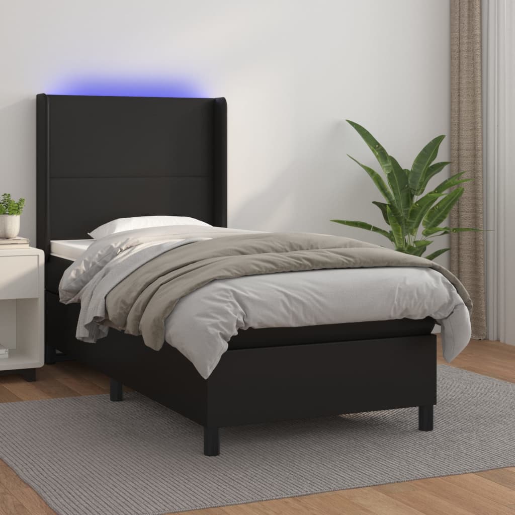 Cama box spring c/ colchão/LED 80x200 cm couro artificial preto