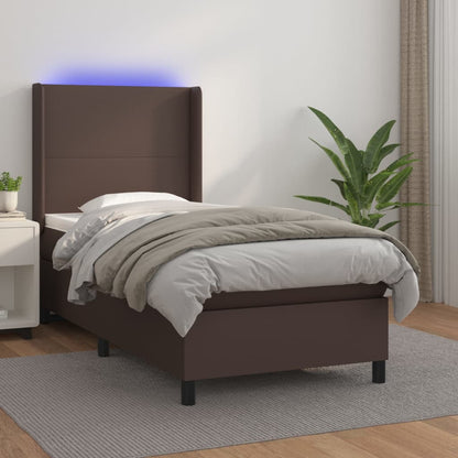 Cama box spring c/ colchão/LED 80x200 cm couro artif. castanho