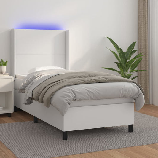 Cama box spring c/ colchão/LED 90x190cm couro artificial branco