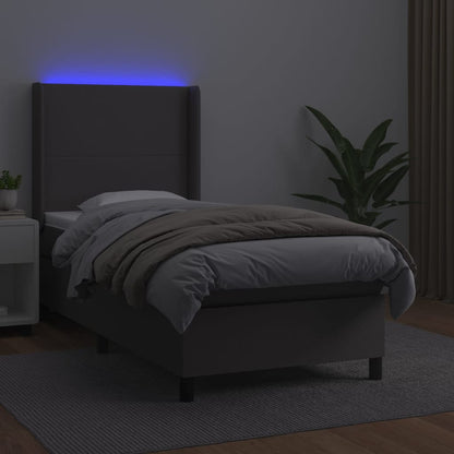 Cama box spring c/ colchão/LED 90x190 cm couro artificial cinza