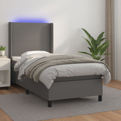 Cama box spring c/ colchão/LED 90x190 cm couro artificial cinza