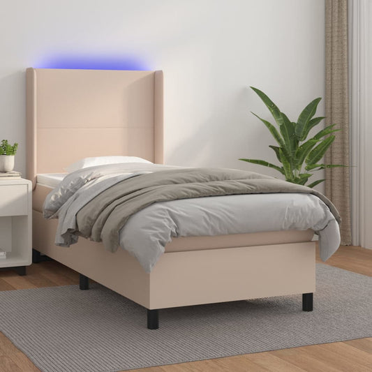 Cama box spring c/ colchão/LED 90x190cm couro artif. cappuccino