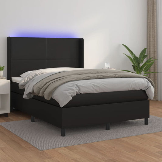 Cama box spring c/ colchão/LED 140x190cm couro artificial preto