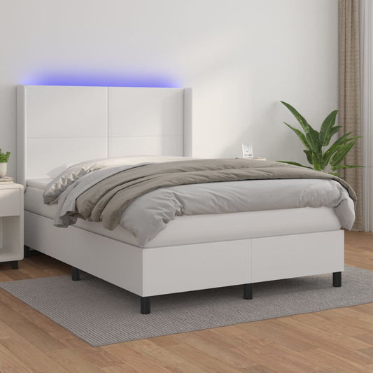 Cama box spring c/colchão/LED 140x190cm couro artificial branco