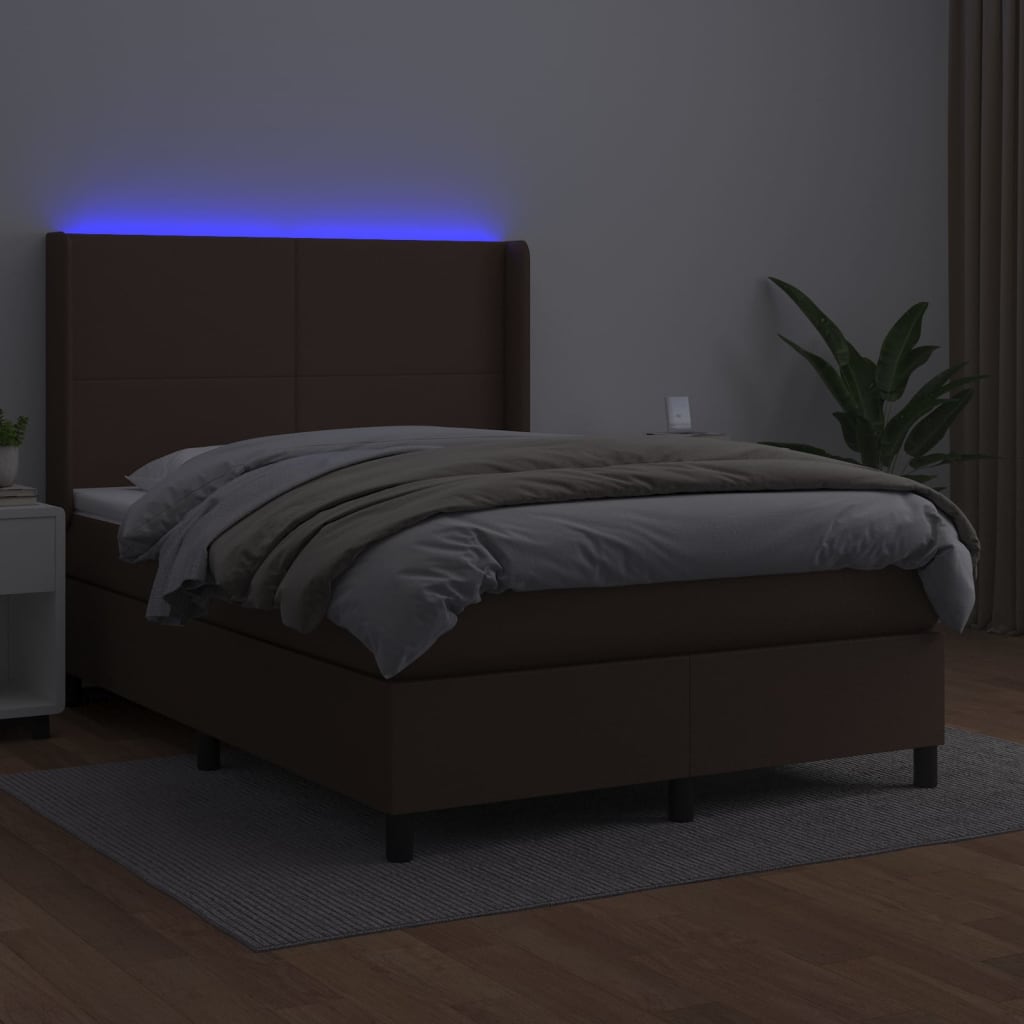 Cama box spring c/ colchão/LED 140x190 cm couro artif. castanho