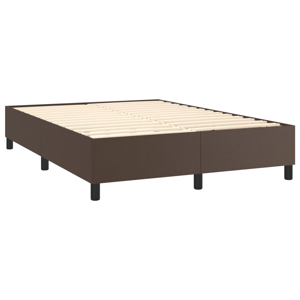 Cama box spring c/ colchão/LED 140x190 cm couro artif. castanho