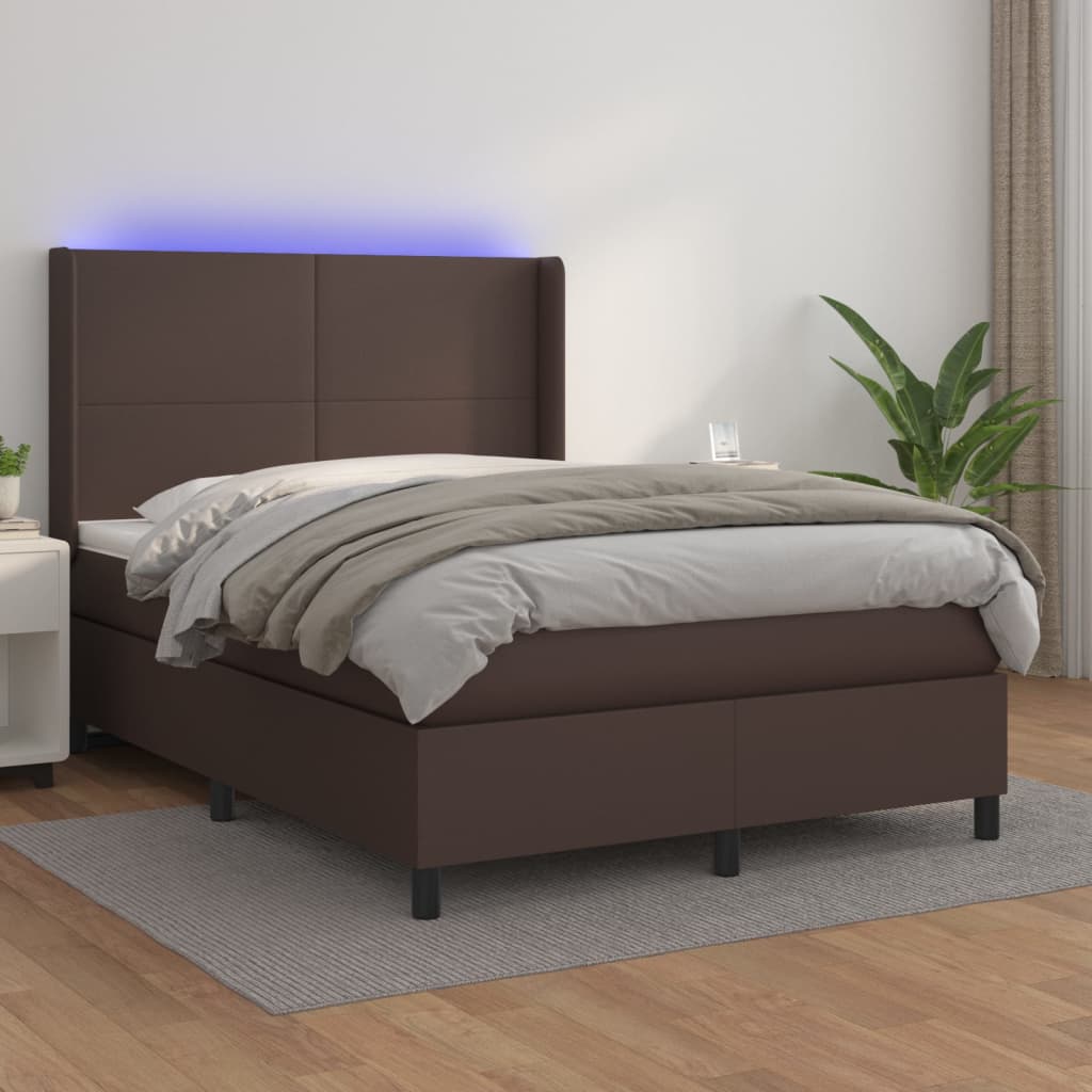 Cama box spring c/ colchão/LED 140x190 cm couro artif. castanho