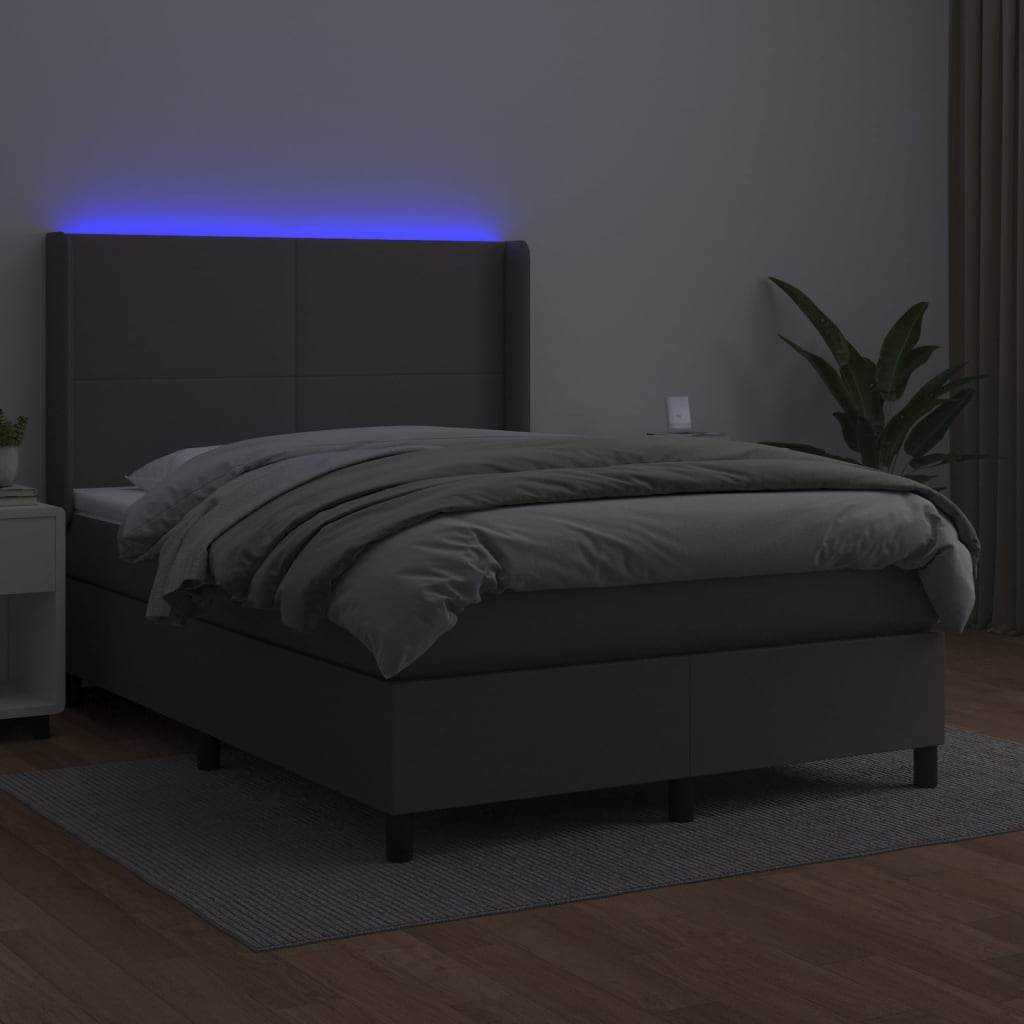 Cama box spring c/ colchão/LED 140x190cm couro artificial cinza