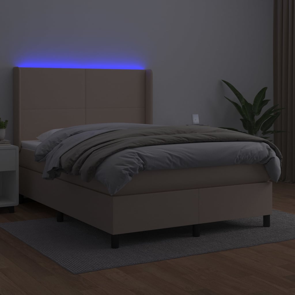 Cama box spring c/colchão/LED 140x190cm couro artif. cappuccino