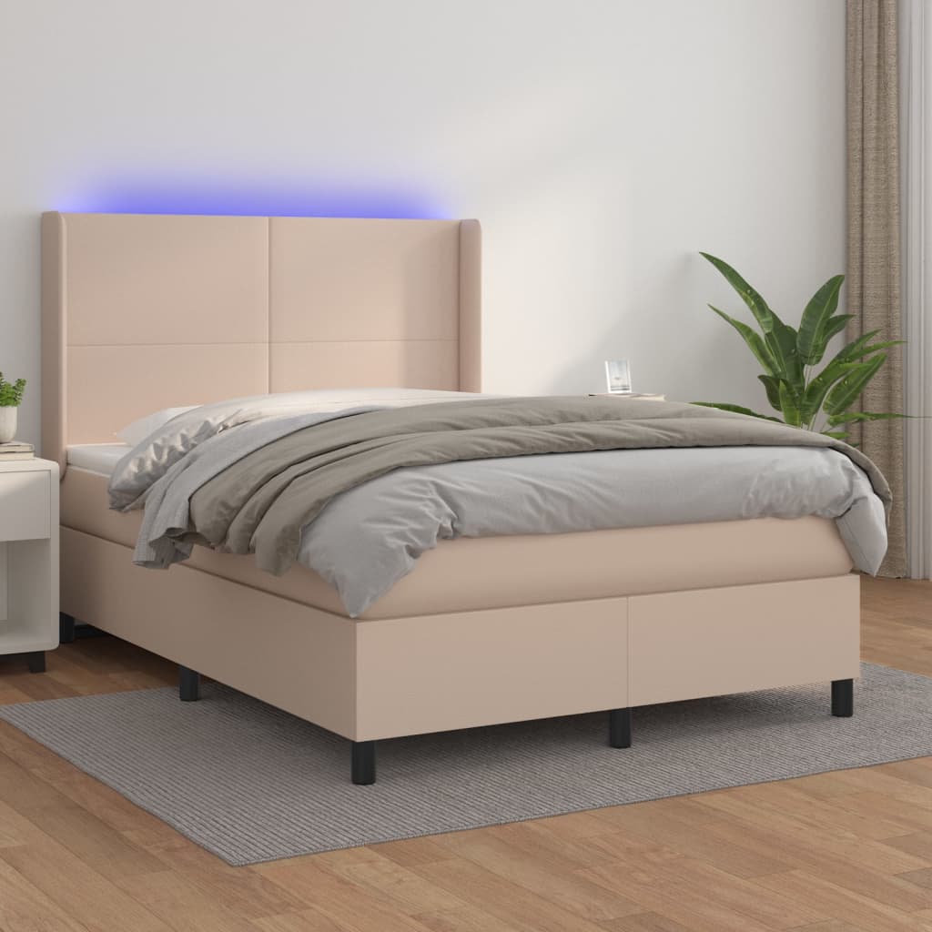 Cama box spring c/colchão/LED 140x190cm couro artif. cappuccino