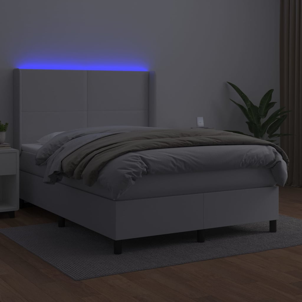 Cama box spring c/colchão/LED 140x200cm couro artificial branco