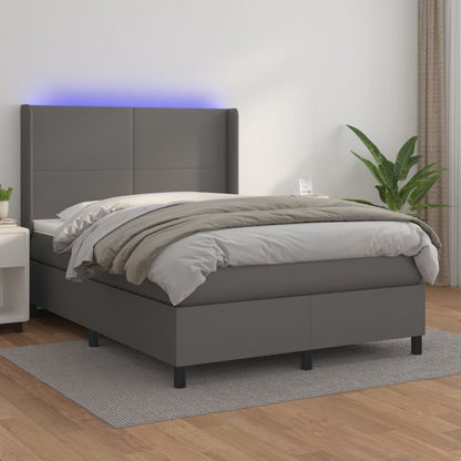 Cama box spring c/ colchão/LED 140x200cm couro artificial cinza