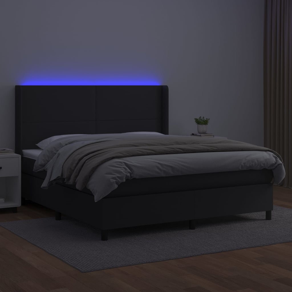 Cama box spring c/ colchão/LED 160x200cm couro artificial preto