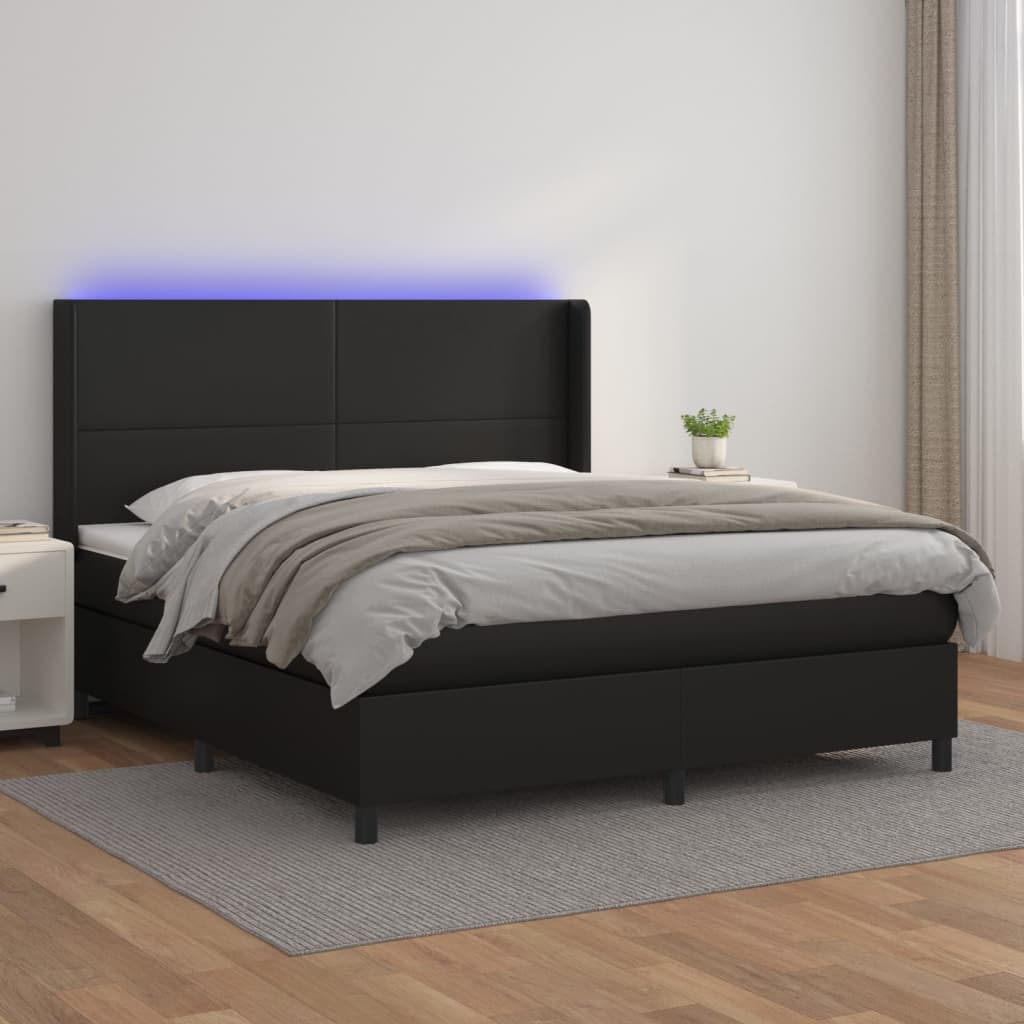 Cama box spring c/ colchão/LED 160x200cm couro artificial preto