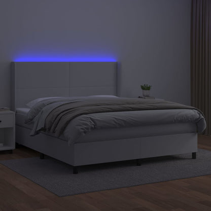 Cama box spring c/colchão/LED 160x200cm couro artificial branco