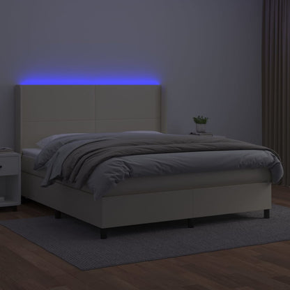 Cama box spring c/ colchão/LED 160x200cm couro artificial creme