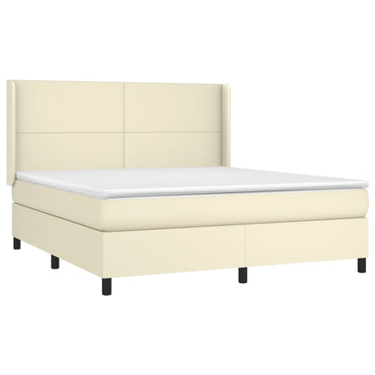 Cama box spring c/ colchão/LED 160x200cm couro artificial creme