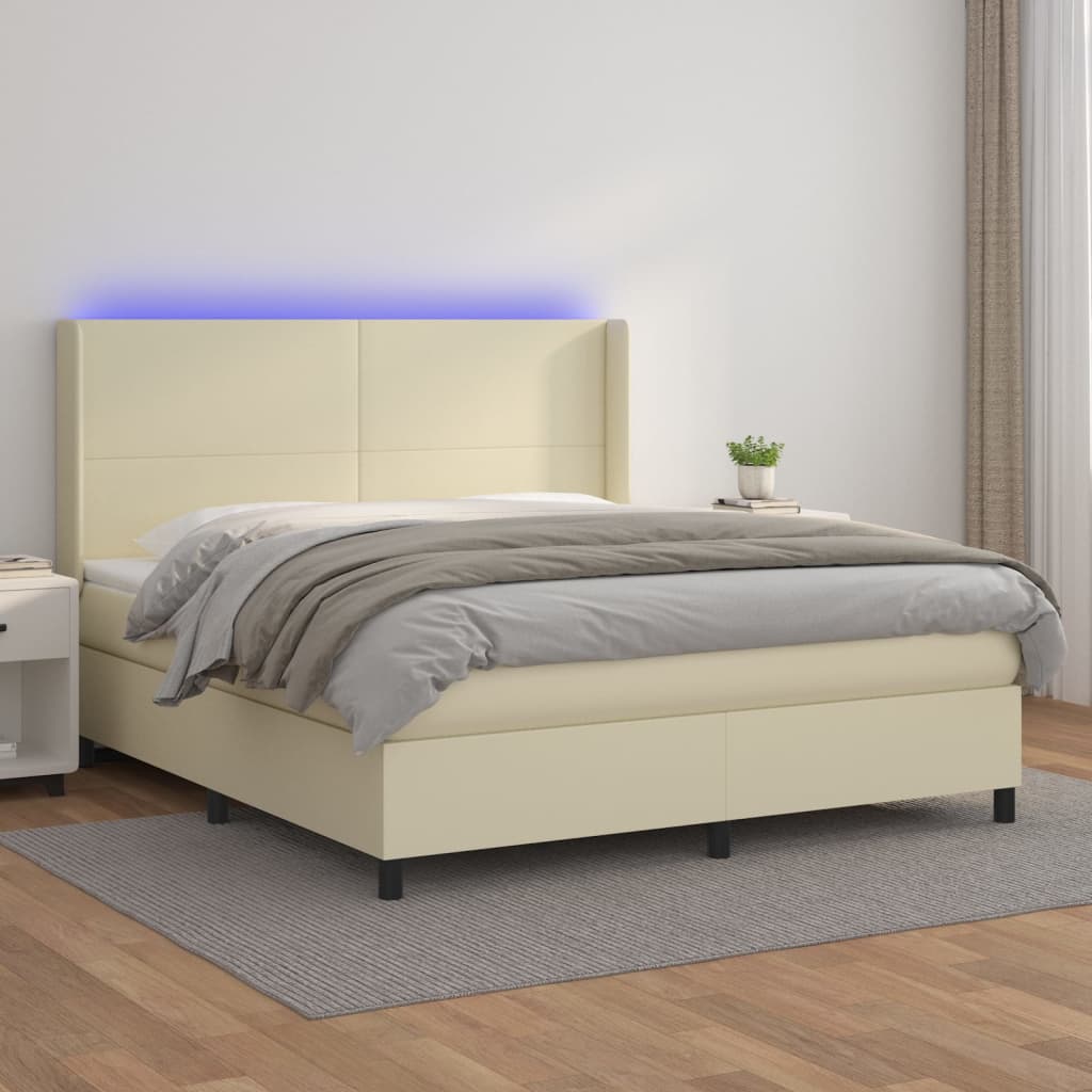 Cama box spring c/ colchão/LED 160x200cm couro artificial creme