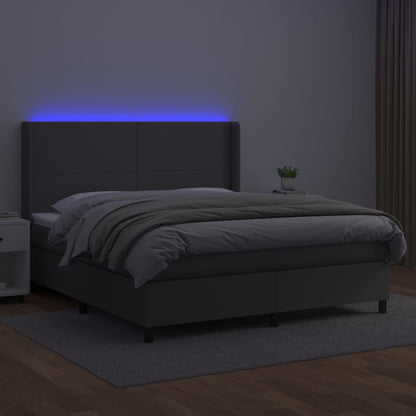 Cama box spring c/ colchão/LED 160x200cm couro artificial cinza