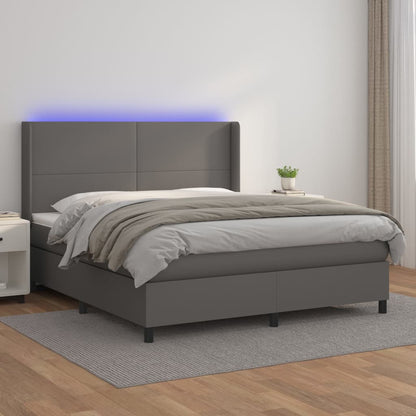 Cama box spring c/ colchão/LED 160x200cm couro artificial cinza