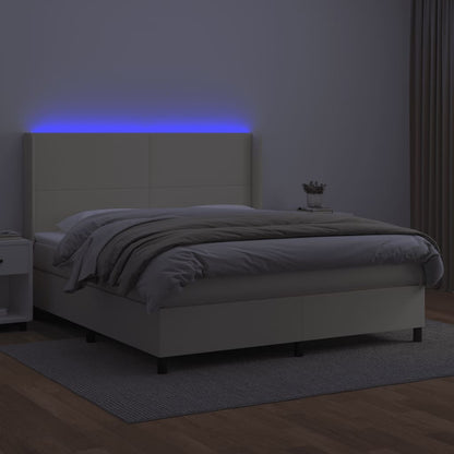 Cama box spring c/ colchão/LED 180x200cm couro artificial creme