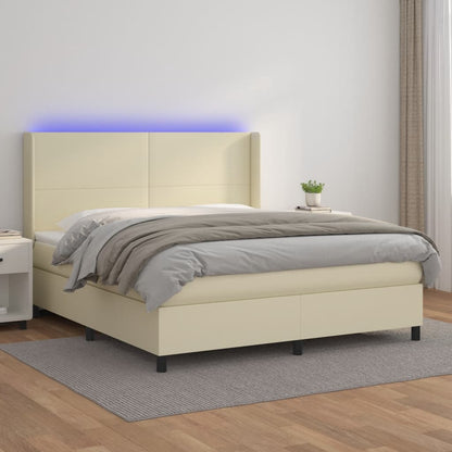 Cama box spring c/ colchão/LED 180x200cm couro artificial creme