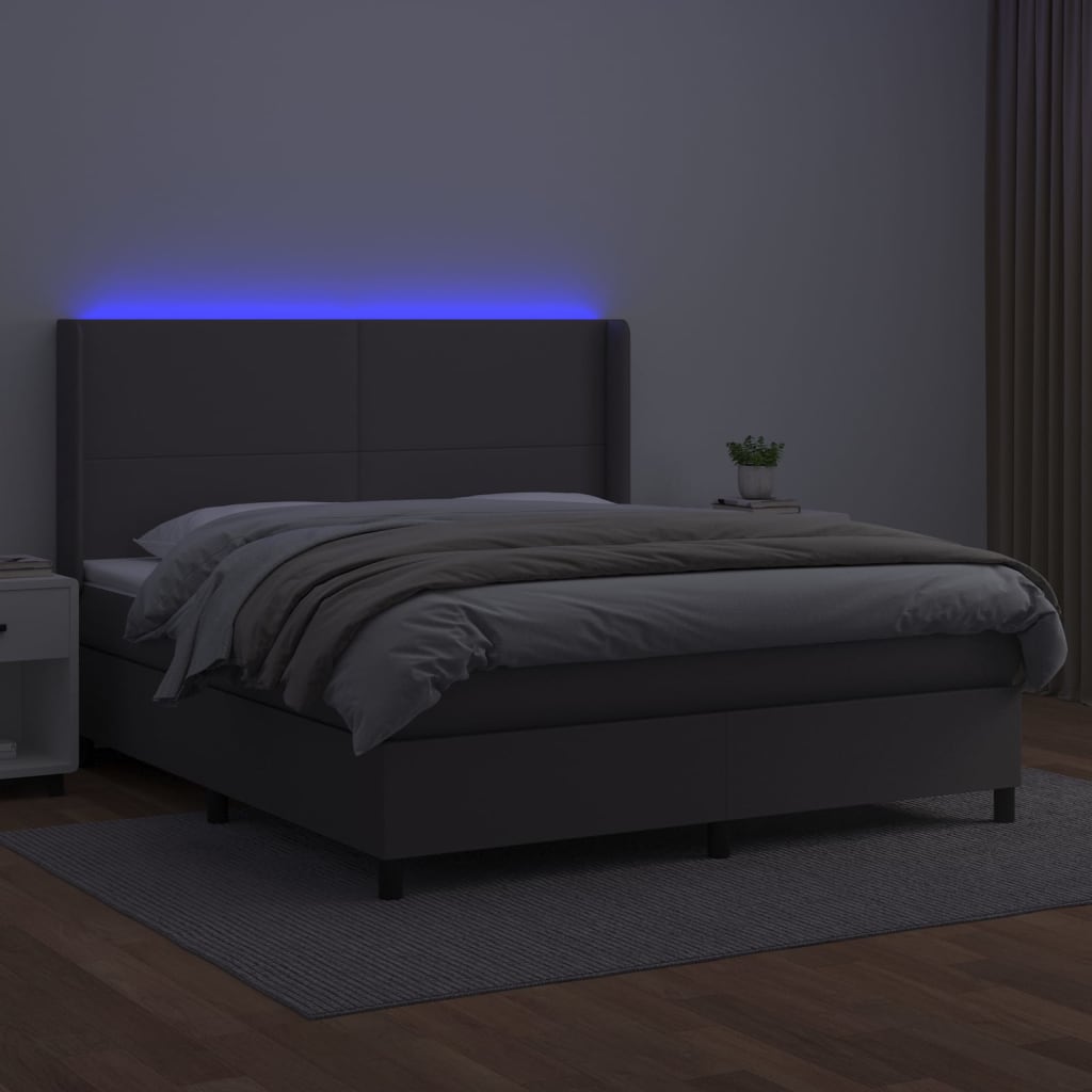 Cama box spring c/ colchão/LED 180x200cm couro artificial cinza