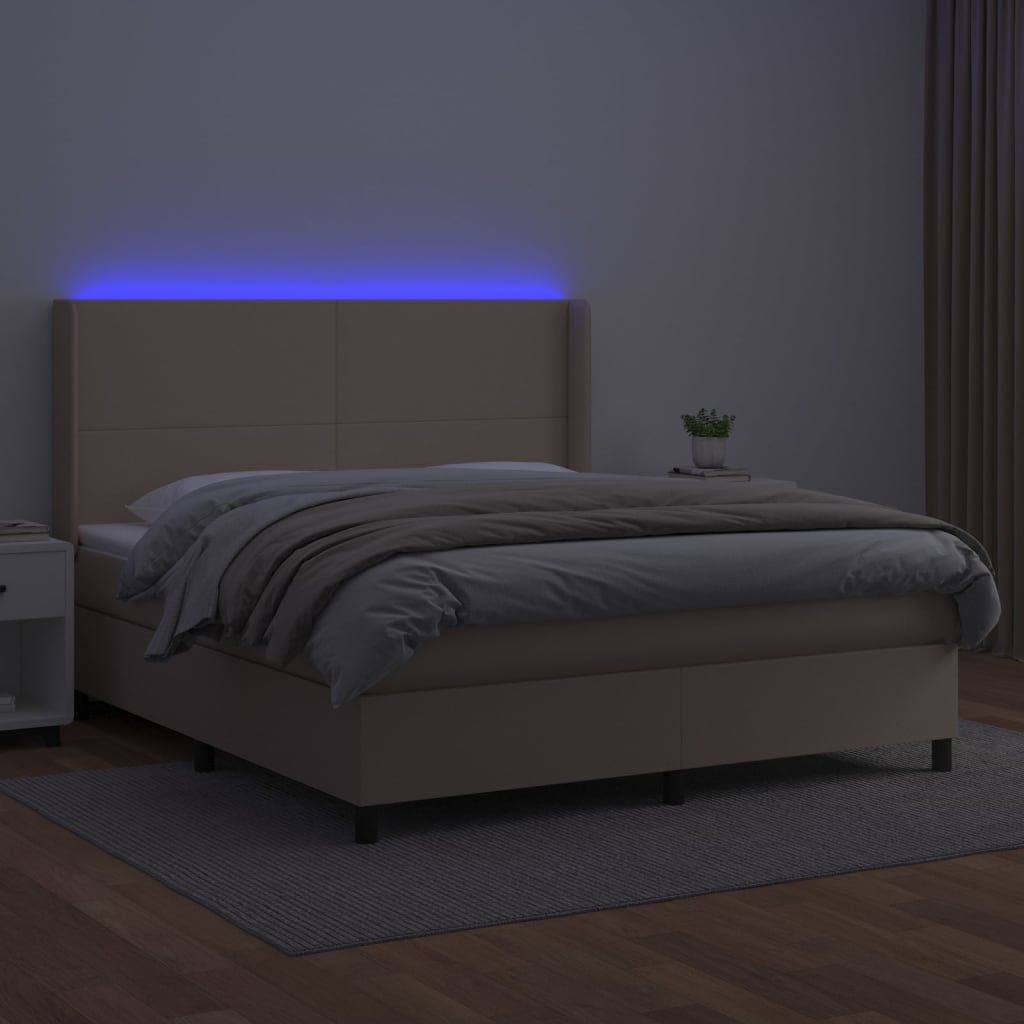 Cama box spring c/colchão/LED 180x200cm couro artif. cappuccino