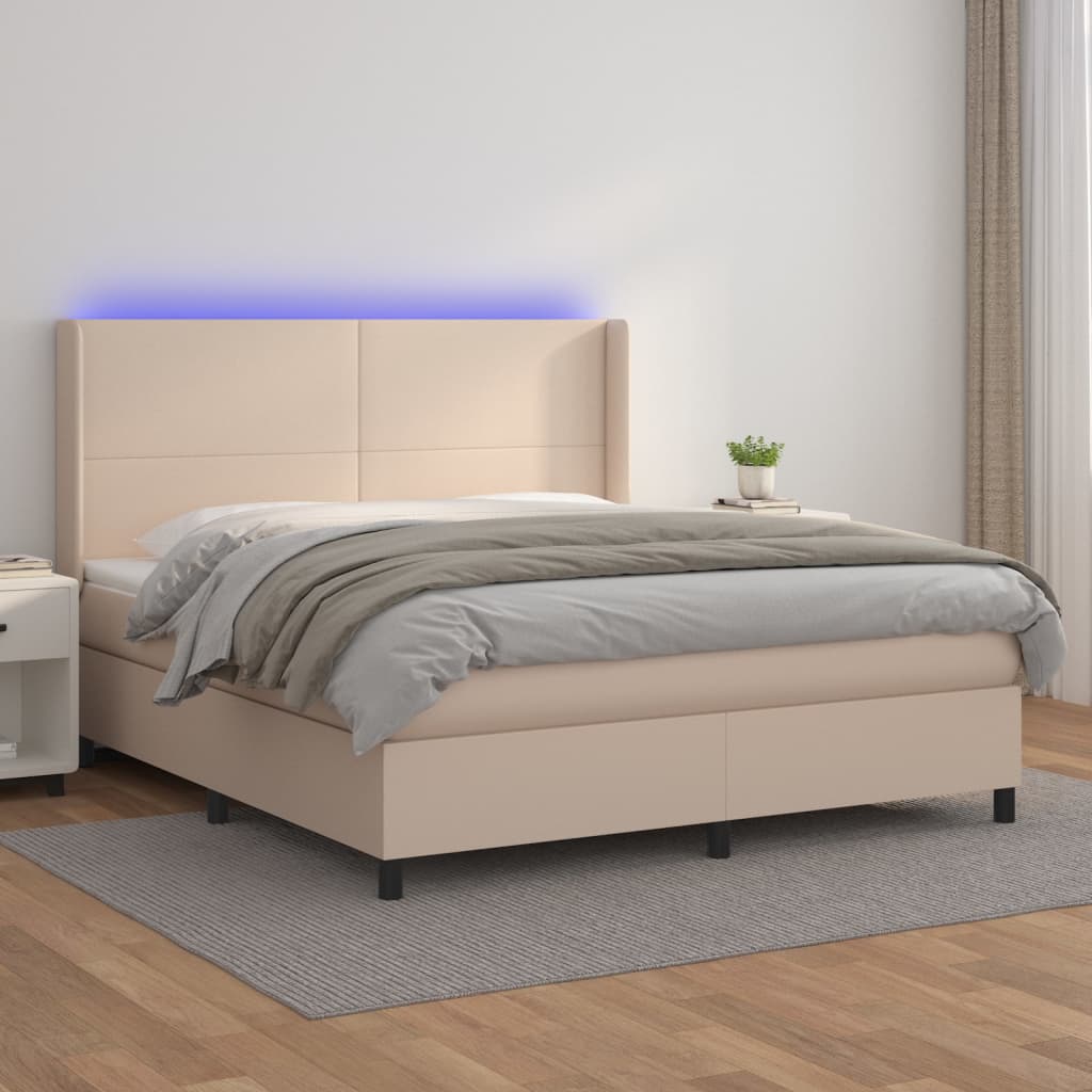 Cama box spring c/colchão/LED 180x200cm couro artif. cappuccino