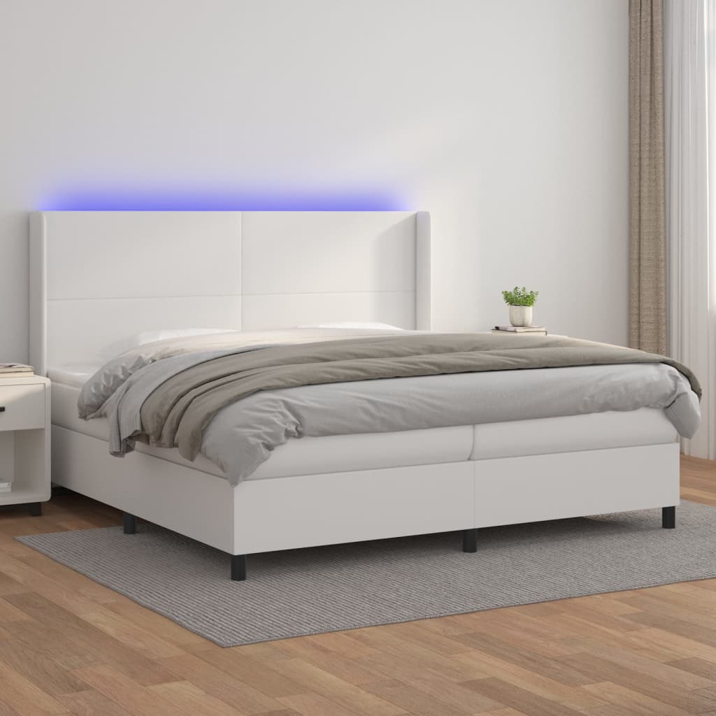 Cama box spring c/colchão/LED 200x200cm couro artificial branco