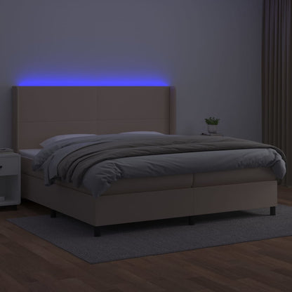 Cama box spring c/colchão/LED 200x200cm couro artif. cappuccino