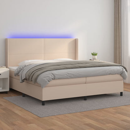 Cama box spring c/colchão/LED 200x200cm couro artif. cappuccino