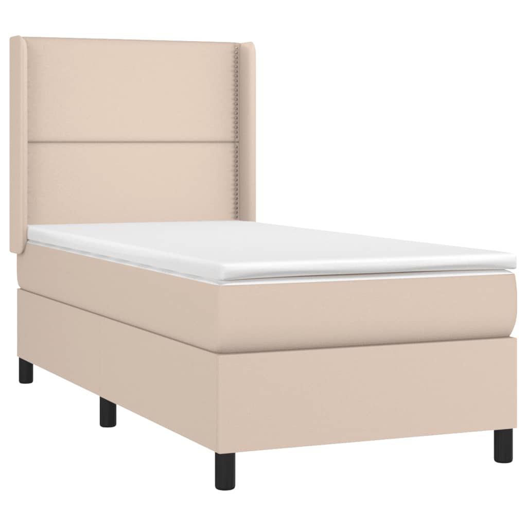 Cama box spring c/ colchão/LED 80x200cm couro artif. cappuccino