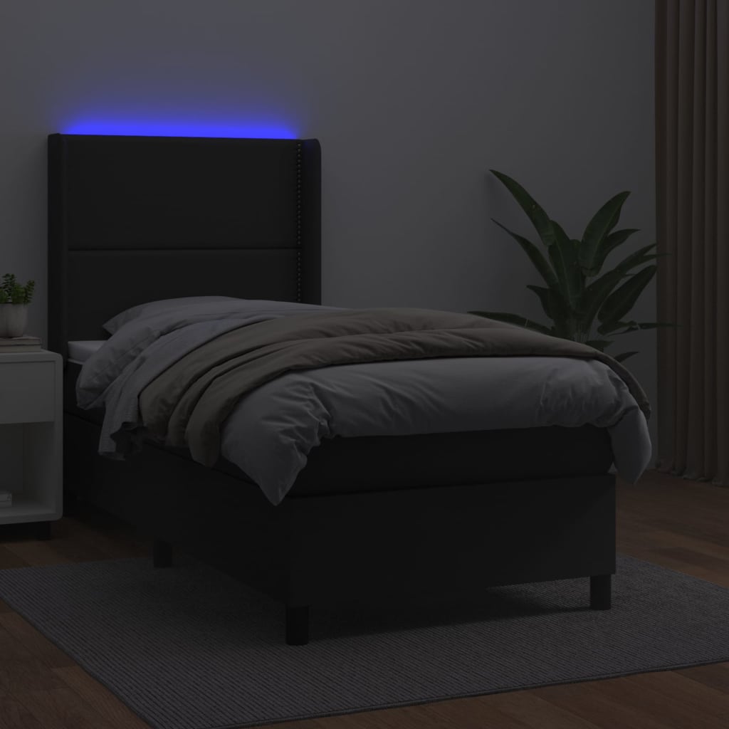 Cama box spring c/ colchão/LED 90x190 cm couro artificial preto