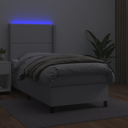 Cama box spring c/ colchão/LED 90x190cm couro artificial branco